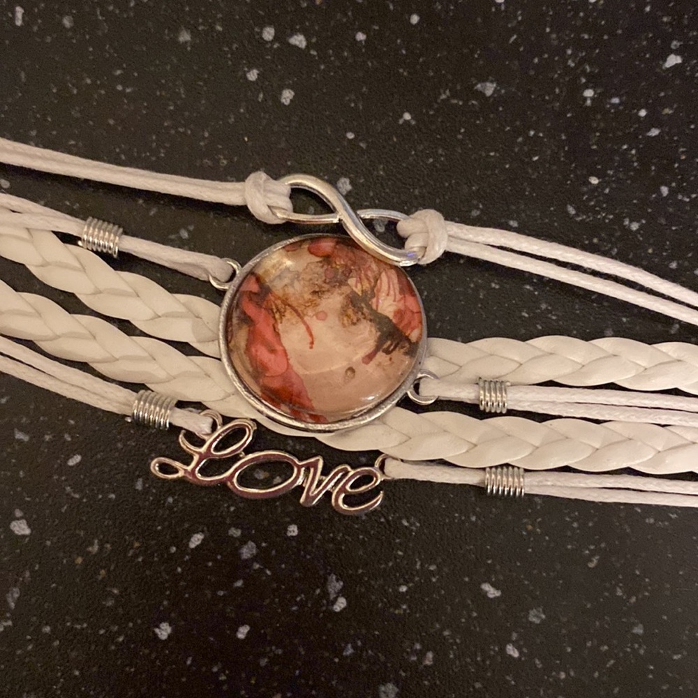 Handmade Faux Leather Bracelet w Hand Painted Alcohol Ink Art Under Domed Glass